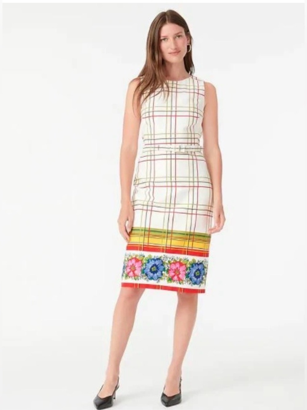 J. Crew Bi-Stretch Plaid Sheath Dress - Ivory Floral Border-Size 14 (Item AR697) - Picture 6 of 9